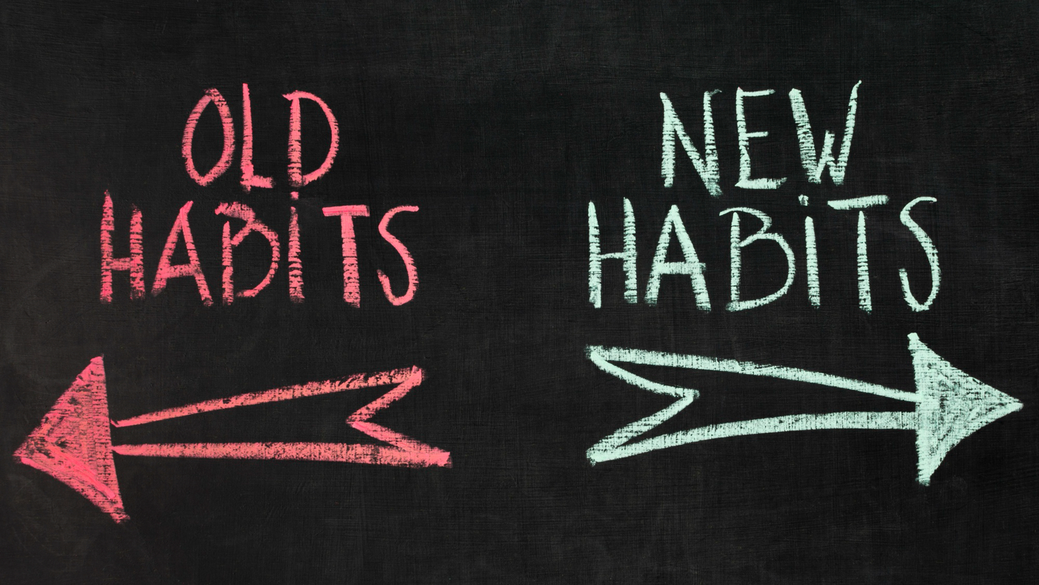 imageOld Habits written in red chalk on a board with an arrow pointing to the past alongside New Habits written in green chalk with an arrow pointing to the future.