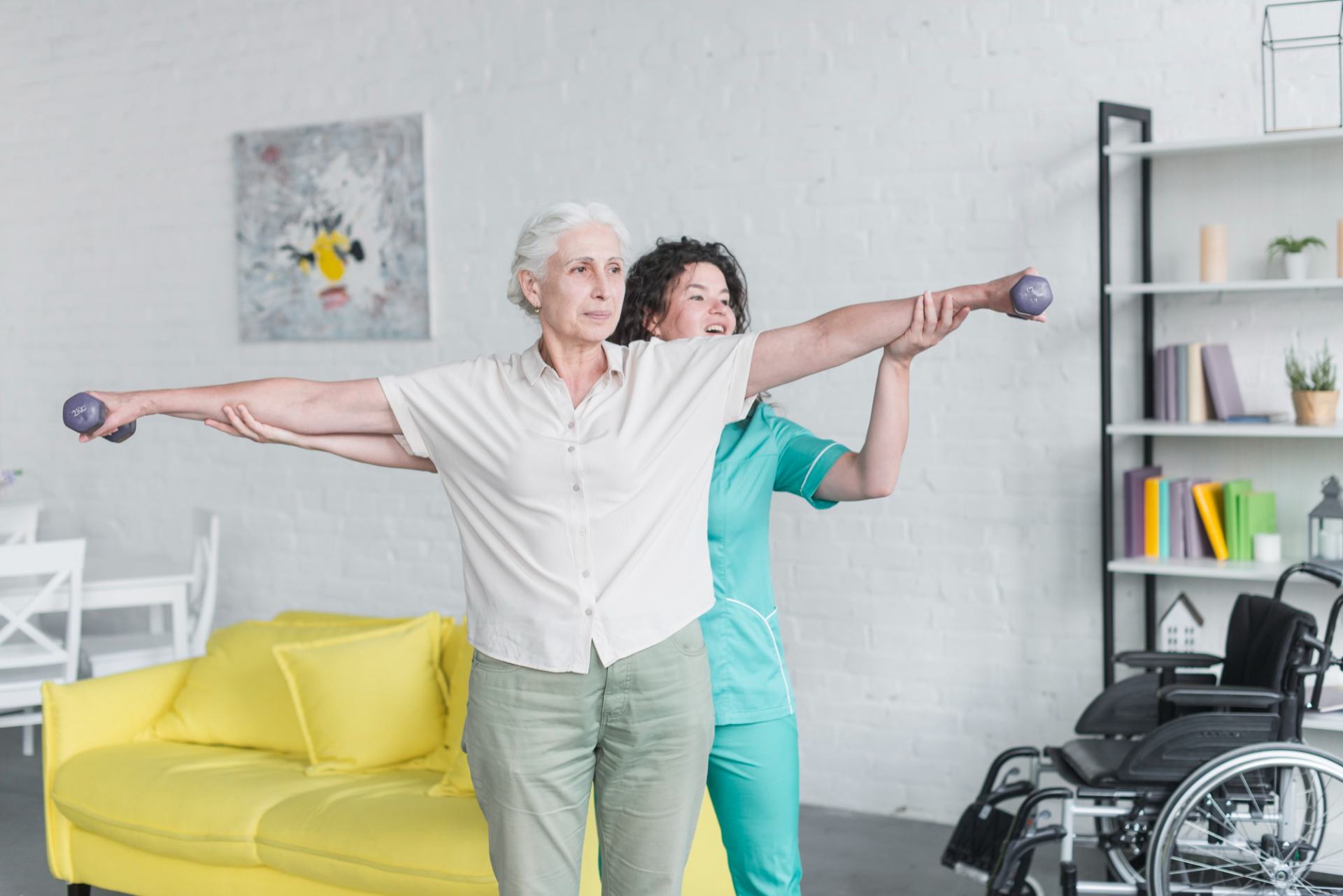A home carer able to help her client in building independence by doing exercises with her in her home thanks to less admin tasks getting in the way. A home carer able to help her client in building independence by doing exercises with her in her home thanks to less admin tasks getting in the way.